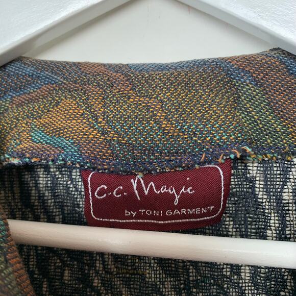 Vintage 90s C.C. Magic Tapestry Cropped Blazer Jacket Earth Tones Collarless - Picture 3 of 3